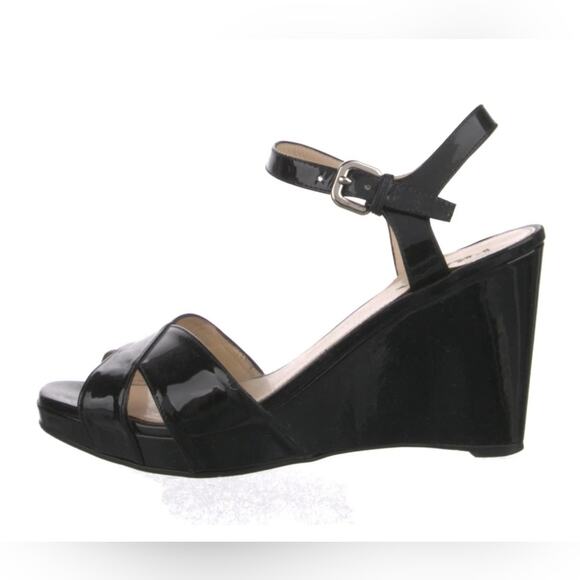 Prada Patent leather Wedge Black Sandals 37.5 in - Picture 1 of 8